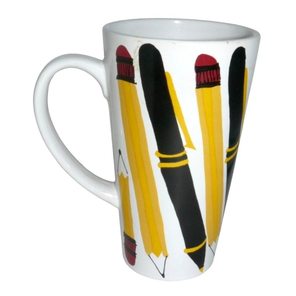 Ceramic Mug  Pen Pencil Holder With Yellow Pencil & Black Pen Print 16 Oz